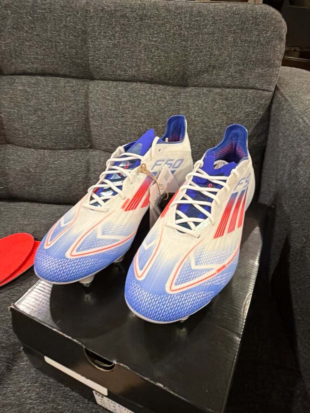 Adidas F50 Elite SG Soccer Cleats - White/Solar Red/Lucid Blue